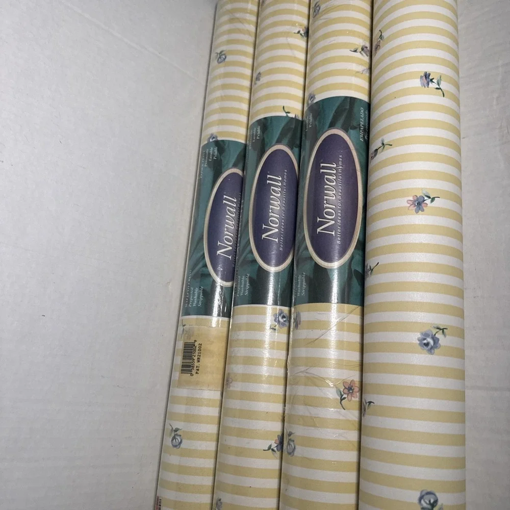 VTG Rolls Vintage Norwall Wallpaper Country Cottage Pastel Yellow Stripe Floral